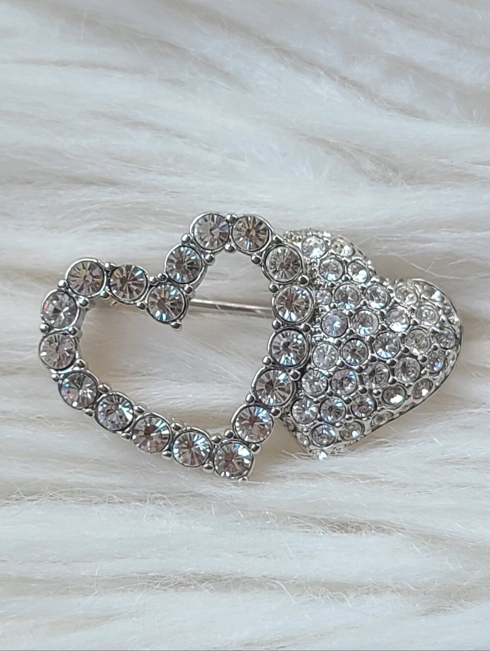 Swarovski Crystal Double Heart Brooch in Clear and Silver- Excellent Condition